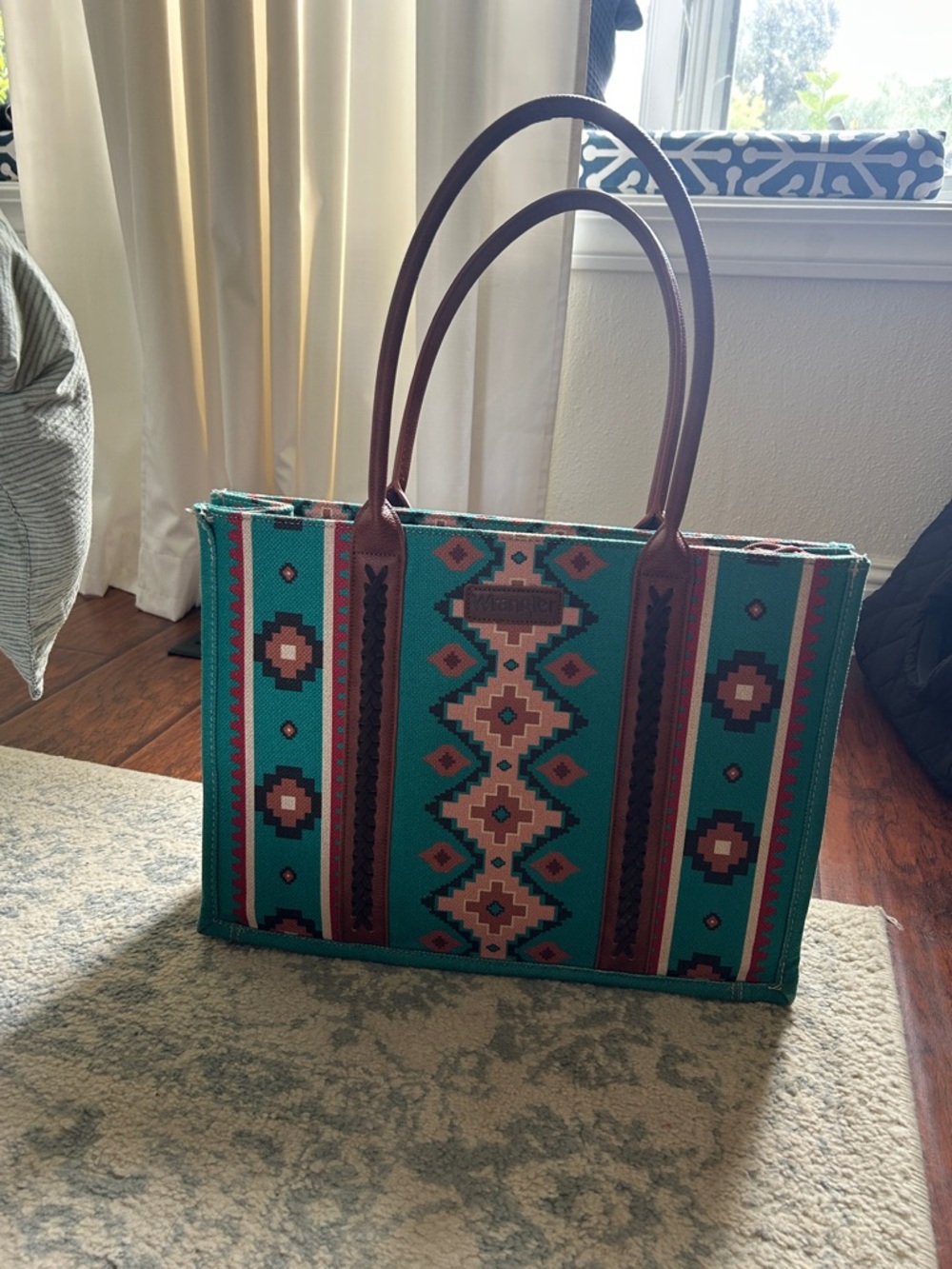 Wrangler Turquoise Aztec Pattern Tote Bag with Brown Trim